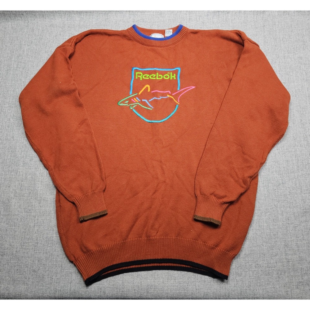 Vintage Reebok Sweater Mens 2XL Orange Greg Norman Shark Cotton Knit Crew 90s